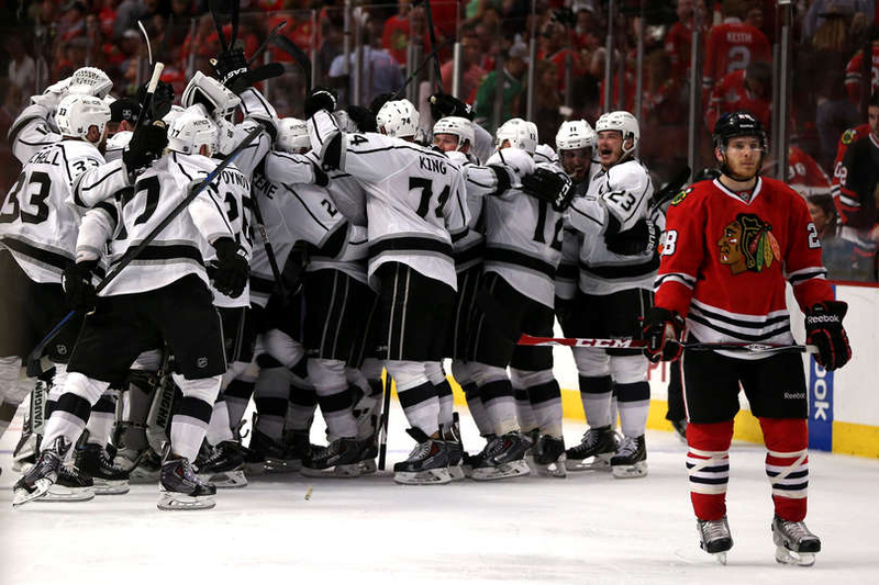 The L.A. Kings celebrate their game seven victory over the Chicago Blackhawks in the Eastern Conference Finals. (Photo: Bill Smith/NHLI)